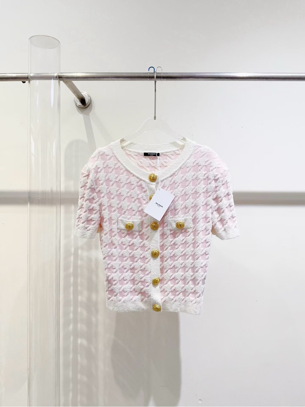 Balmain Pink and White Houndstooth Short Sleeve Cardigan